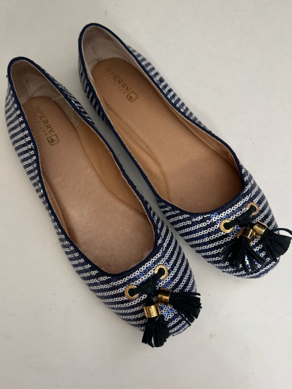 Sperry Navy and White Striped Sequin Tassel Flats
